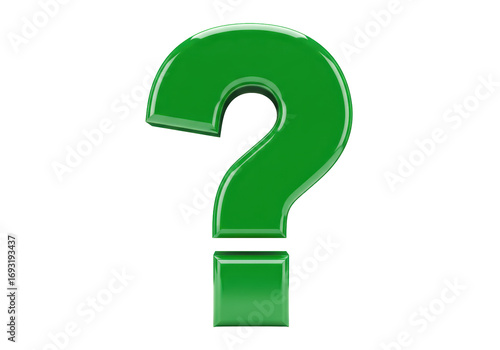 Isolated green shiny question mark symbol standing alone, asking a question about life