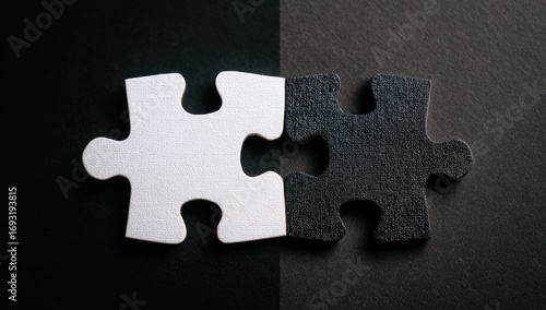 Two puzzle pieces, white and black, divided by a dark background