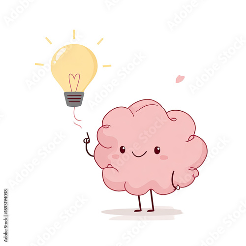 Cute brain holding a lightbulb