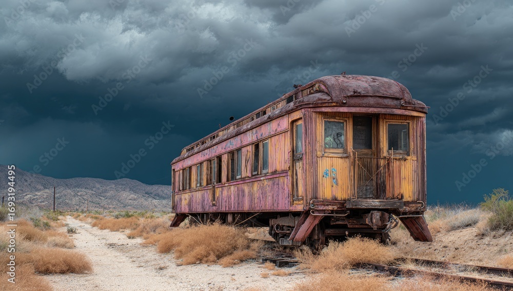 Fototapeta premium Rusty train car under stormy sky