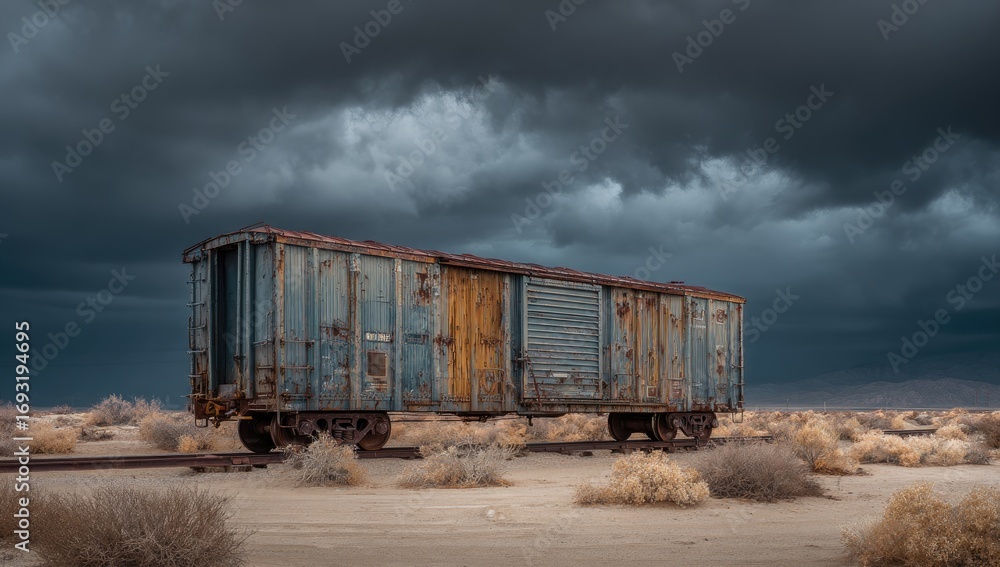 Fototapeta premium Rusty train car in a desolate landscape under a stormy sky