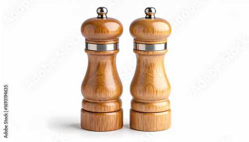 Polished wooden salt and pepper grinders with silver accents on white background