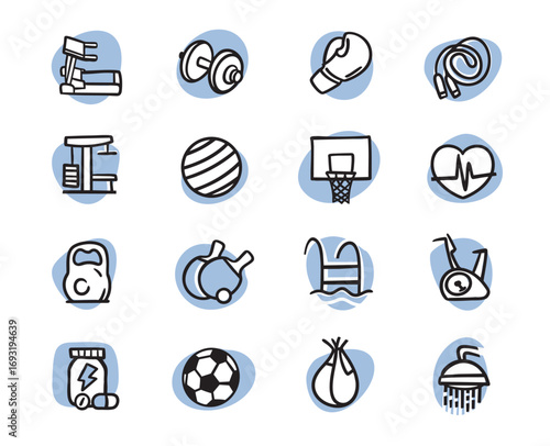 Subjects related to training, gym and fitness facilities. Set of hand-drawn conceptual illustrations. Cartoon style in vector.