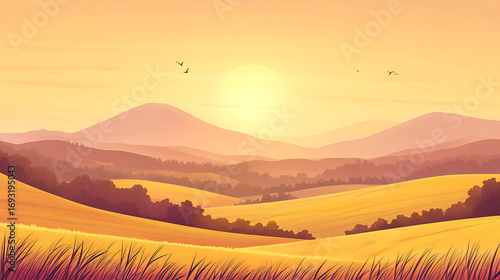 Countryside valley filled with golden light at sunset high resolution picture
