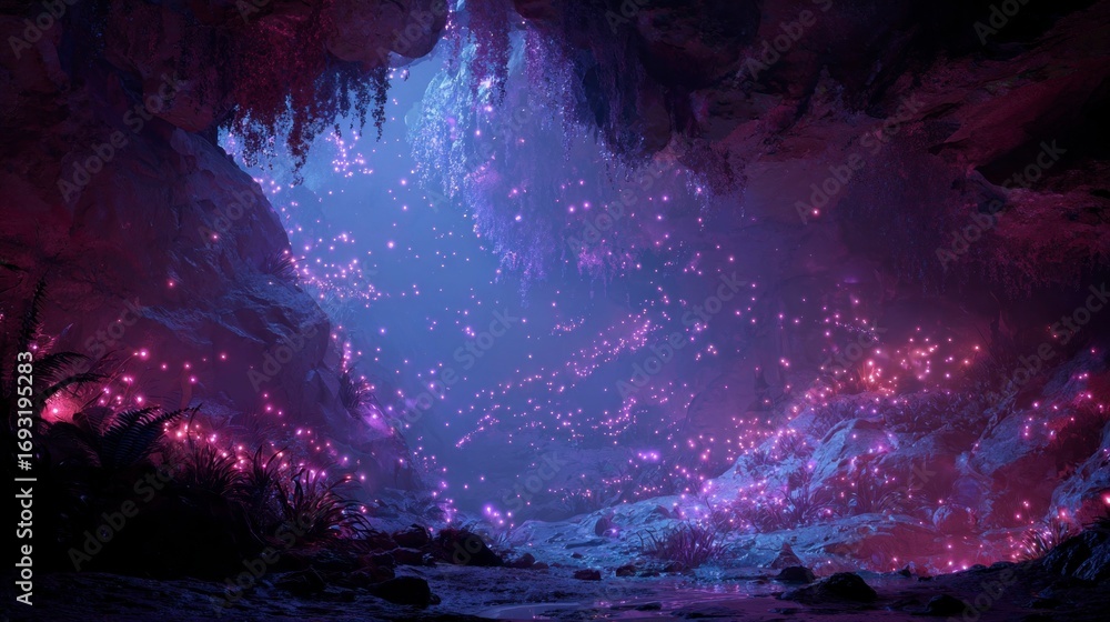 Fototapeta premium Fantasy cave interior with luminescent flora