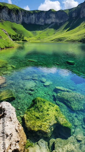 Crystal clear mountain lake reflecting green hills and cliffs high resolution picture
