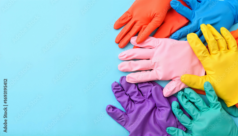 Fototapeta premium Colorful rubber gloves arranged in a circular pattern on a vibrant blue background, representing sanitation and waste management, concept of medical waste disposal or cleaning services