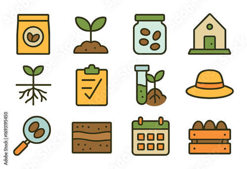 Gardening linear icon set. featuring seed packet, sprout, jar, greenhouse, roots, clipboard, soil, and harvest hat.