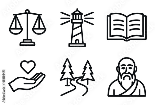 Nature and wisdom linear icon set. featuring balance, lighthouse, book, hand with heart, forest, and philosopher symbols.