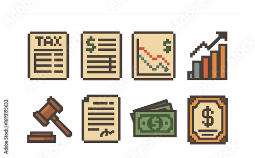 Finance and tax flat icons set. featuring tax form, invoice, graph, gavel, contract, cash, and certificate icons.