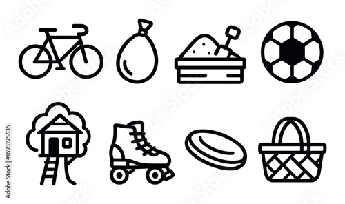 Playground activities silhouette icon set. featuring bicycle, ball, sandbox, frisbee, swing, and roller skate symbols.