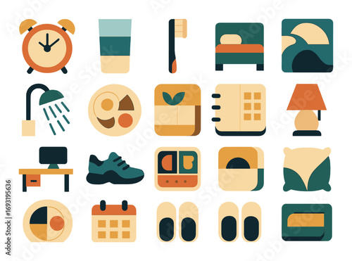Home essentials flat icon set. featuring alarm clock, toothbrush, bed, lamp, and shower symbols.