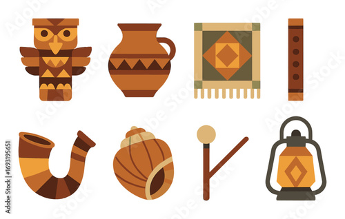 Native american culture flat icon set. featuring owl, pottery, weaving, flute, horn, shell, staff, lamp.