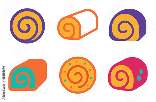 Food silhouette icon set. featuring cake roll, pinwheel, swiss roll, dessert, and pastry shapes.