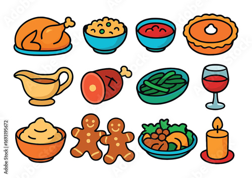 Thanksgiving dinner flat icon set. featuring turkey, pie, gravy, green beans, wine, salad, and candle symbols.