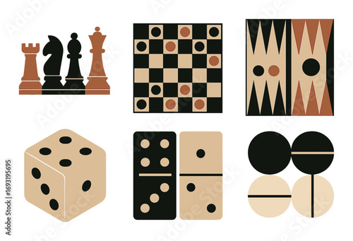 Board games silhouette icon set. featuring chess, checkers, backgammon, dice, domino, and go symbols.