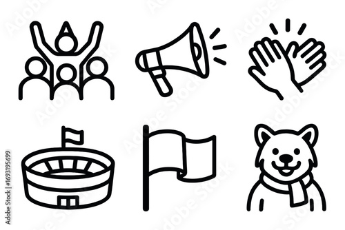 Celebration linear icon set. featuring crowd, megaphone, applause, stadium, flag, and mascot symbols.