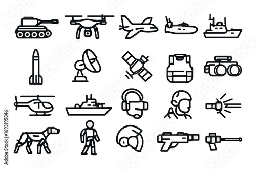 Military equipment linear icon set. featuring tank, drone, missile, satellite, jet, and submarine symbols.