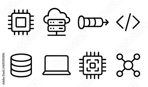 Technology silhouette icon set. featuring cpu, cloud, telescope, code, database, laptop, network symbols.
