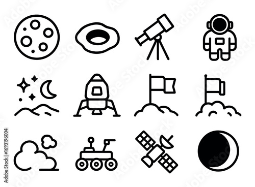 Space exploration linear icon set. featuring moon, crater, telescope, astronaut, stars, rocket, flag, rover, satellite.