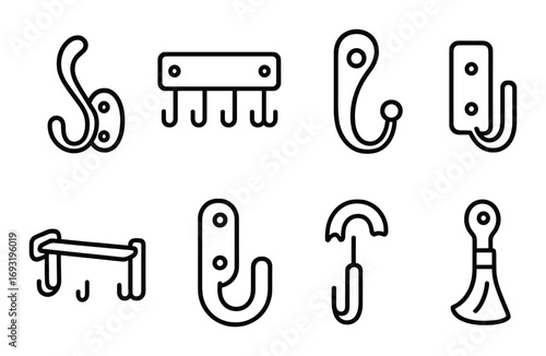 Home hooks and hangers flat icon set. featuring single, multiple, wall, and specialty hook designs.
