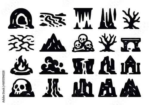 Cave elements silhouette icon set. featuring skull, stalactite, stalagmite, fire, mountain, and tree symbols.