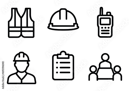 Construction linear icon set. featuring safety vest, helmet, radio, worker, checklist, and meeting symbols.