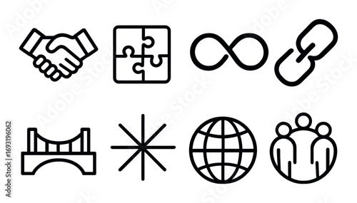 Teamwork and connection silhouette icon set. featuring handshake, puzzle, infinity, link, bridge, star, globe, group.