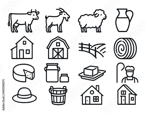Farm life linear icon set. featuring cow, goat, sheep, jug, barn, fence, hay, cheese, milk, and butter.