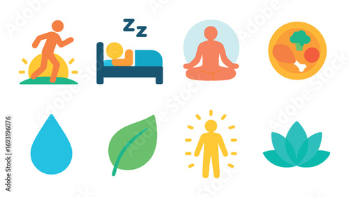 Healthy lifestyle flat icon set. featuring running, sleep, meditation, nutrition, hydration, eco, wellness, and yoga symbols.