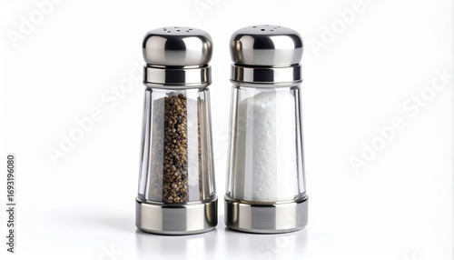 Stainless steel salt and pepper shakers filled with seasonings on a white surface