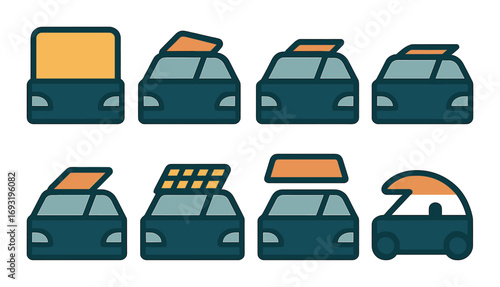 Automotive roof options silhouette icon set. featuring flatbed, standard, sunroof, and convertible cars.