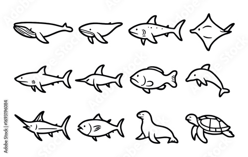 Marine life silhouette icon set. featuring whale, shark, fish, dolphin, sea turtle, and seal symbols.