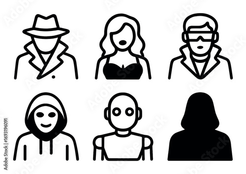 People silhouette icon set. featuring detective, woman, man, hooded figure, robot, and mystery person symbols.