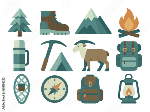 Camping adventure flat icon set. featuring tree, boot, mountain, fire, thermos, axe, tent, goat, backpack.