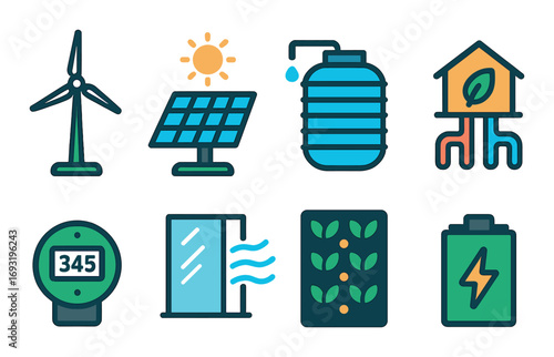 Renewable energy flat icon set. featuring wind turbine, solar panel, rainwater tank, eco home, smart meter, ventilation, vertical garden, battery symbols.