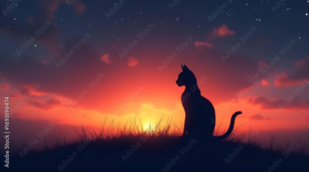 Fototapeta Stunning digital art of a serene cat silhouette perched on a grassy hill, gazing at a vibrant orange and red sunset with faint stars in the twilight sky, peaceful scene.