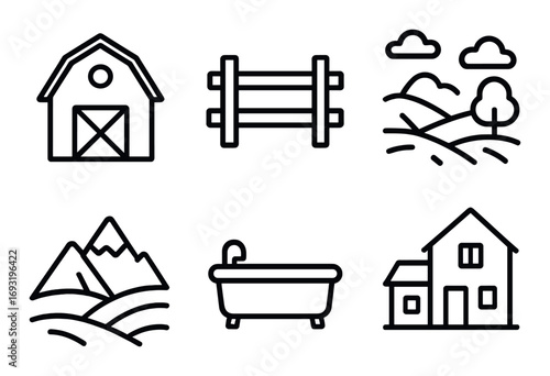 Nature and rural linear icons set. featuring barn, fence, landscape, mountain, bathtub, house..