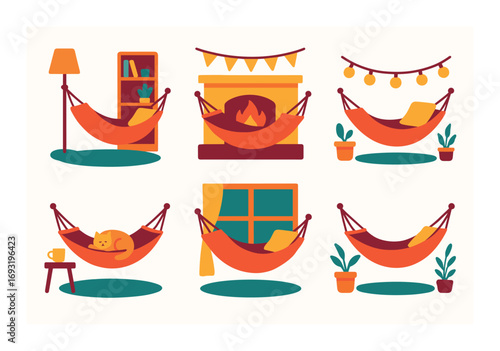 Home comfort flat icon set. includes hammock, fireplace, lamp, bookshelf, cat, window, plants, and decor elements..