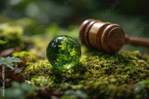 A glass sphere reflecting nature rests on moss next to a gavel