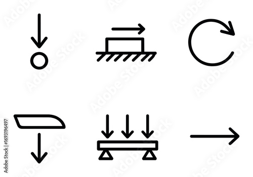 Physics silhouette icons set. featuring force, friction, rotation, lift, pressure, and motion symbols.