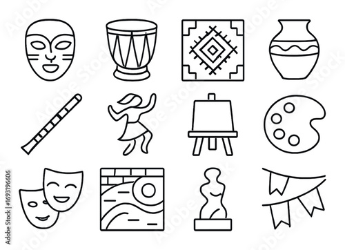 Traditional arts linear icon set. featuring mask, drum, tapestry, vase, flute, dancer, easel, palette, sculptures, theater.