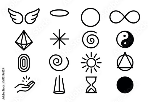 Mystical symbols linear icon set. featuring wings, ellipse, infinity, spiral, yin yang, and sun symbols.
