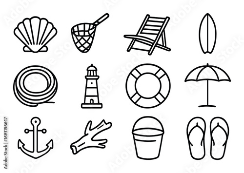 Beach essentials linear icon set. featuring shell, net, chair, surfboard, rope, lighthouse, ring, umbrella, anchor, log, bucket, flip-flops.