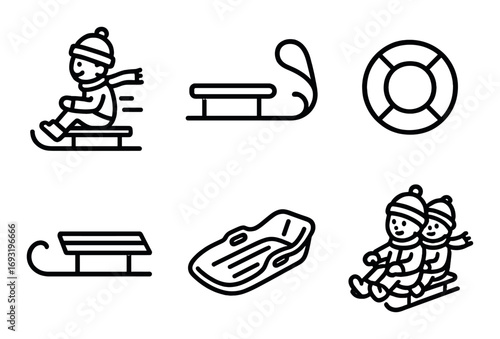 Winter sports linear icon set. featuring sledding, sled, ice rink, snow tube, toboggan, and sleigh symbols.
