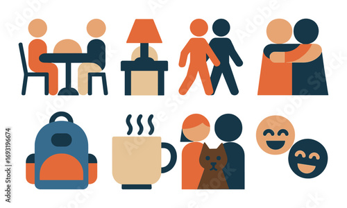 Human relationships silhouette icon set. featuring dining, lamp, walking, hugging, backpack, coffee, pet, happy.