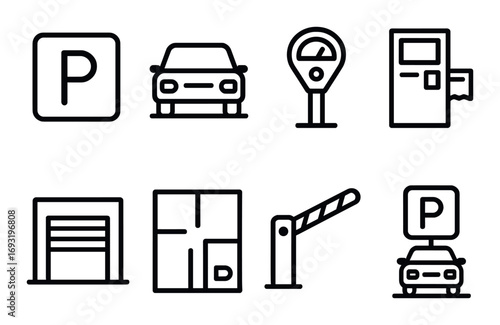 Parking linear icon set. featuring sign, car, meter, payment, garage, map, barrier, and reserved symbols.