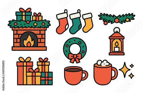 Christmas gifts and decor flat icon set. featuring fireplace, stockings, wreath, lantern, hot chocolate.
