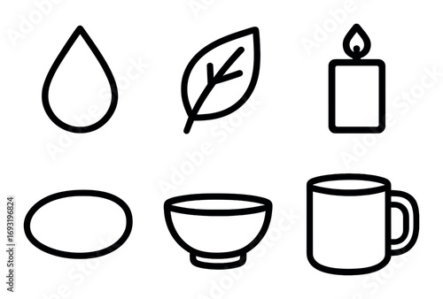 Nature and wellness silhouette icon set. featuring water, leaf, candle, stone, bowl, and mug symbols.