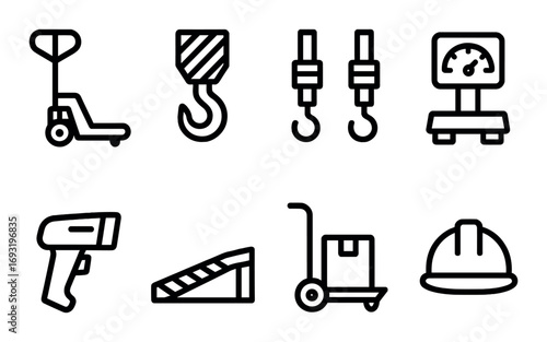 Logistics and warehouse silhouette icon set. featuring pallet jack, crane hook, scale, barcode scanner, ramp, and hard hat.